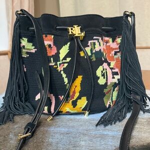 Ralph Lauren Black Floral Fringe cross body bag